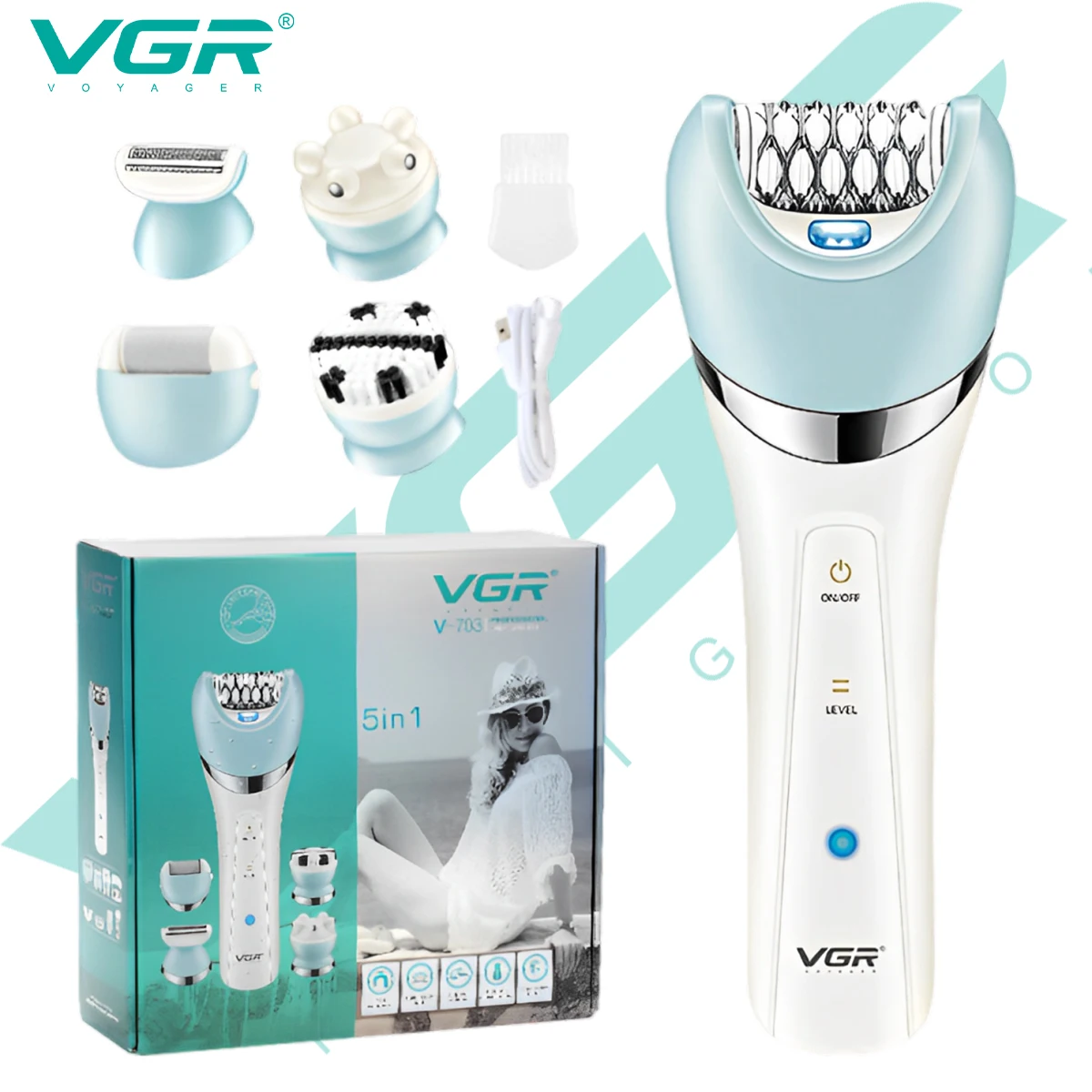 VGR 703 Epilator 5 In 1 Electri Women Epilator Female Shaver Leg Body Hair Remover Lady Bikini Trimmer Facial Cleaning Massage