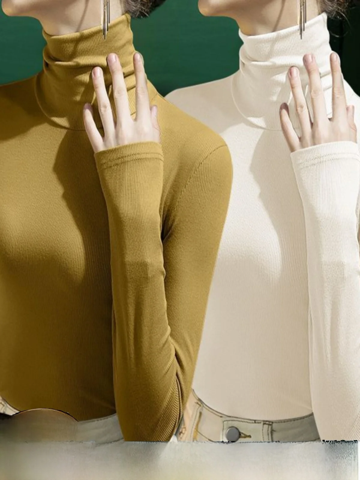 Double-Sided Velvet Long Sleeve Base Shirt Women's Slim Fit Inner Wear T-Shirt Collar Stack Stack Winter Autumn Two-Piece Set