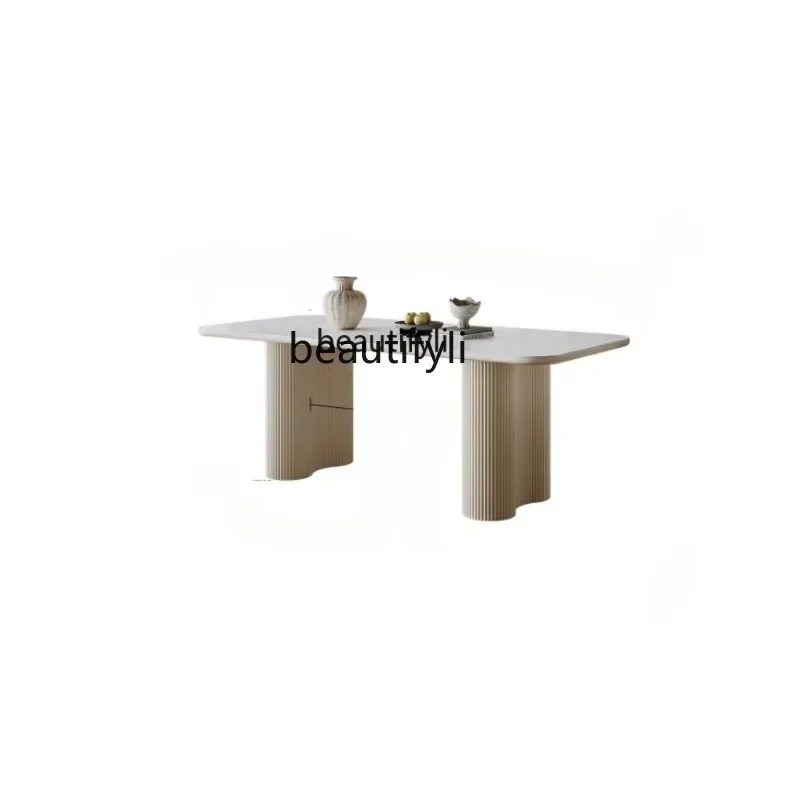 

Cream wind rock board dining table household light luxury small apartment white rectangular dining table and chair combinationHY