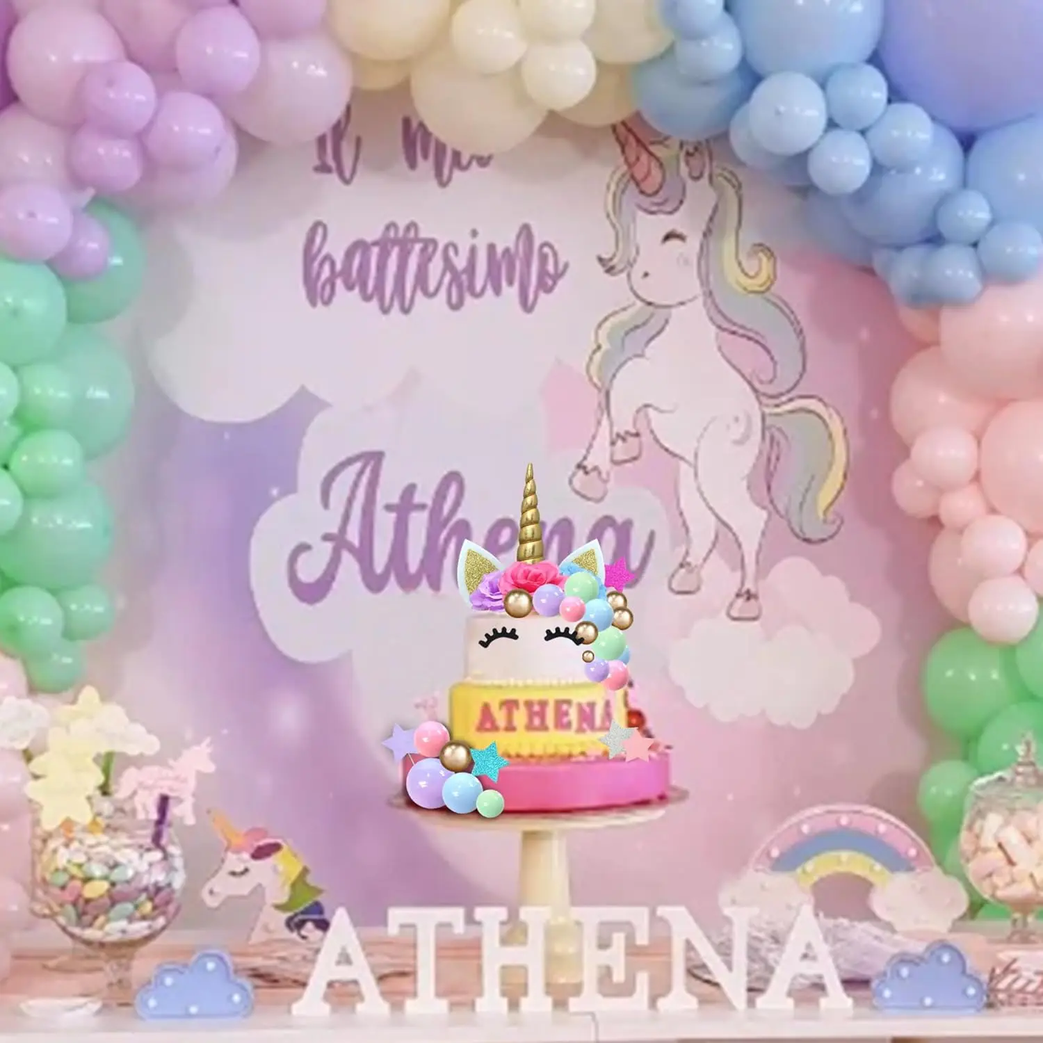 38-teiliges Einhorn-Kuchenaufsatz, Einhorn-Kuchendekorationen mit Blumen, Kugeln, Sternen, für Jungen und Mädchen, Geburtstagsfeier, Babyparty-Zubehör – Detail 6