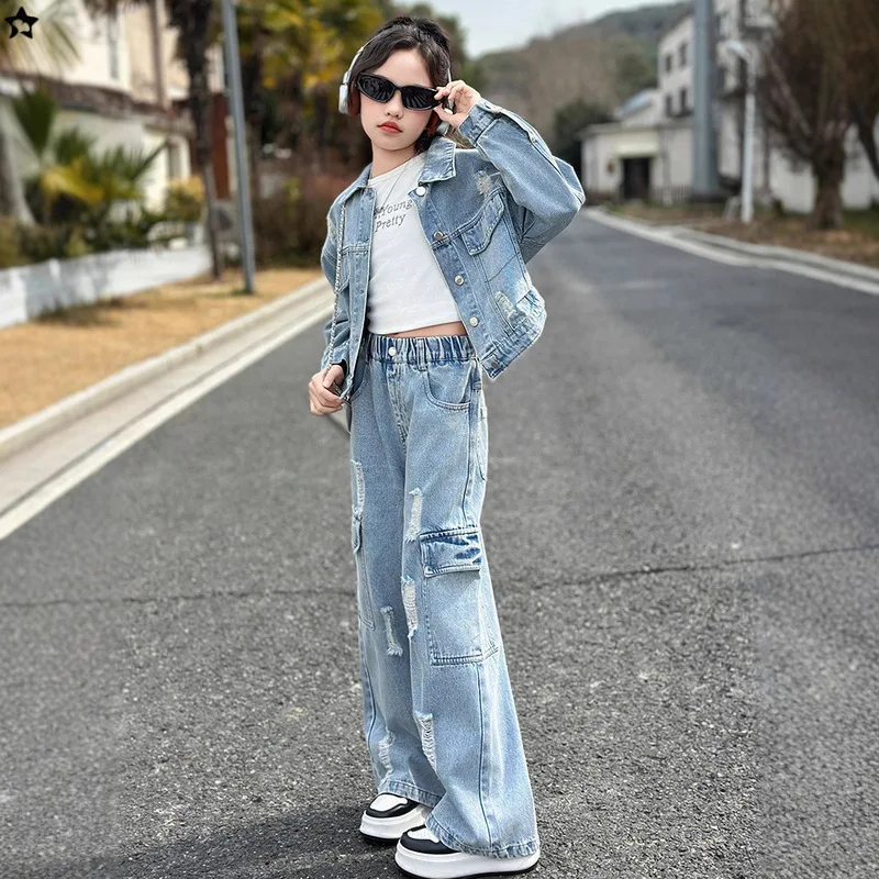 

Teenager Girls Denim Outfit Autumn Children Girls Single-breasted Coat School Girls Mid Waist Pant Kids Girls 2pcs Ripped Sets