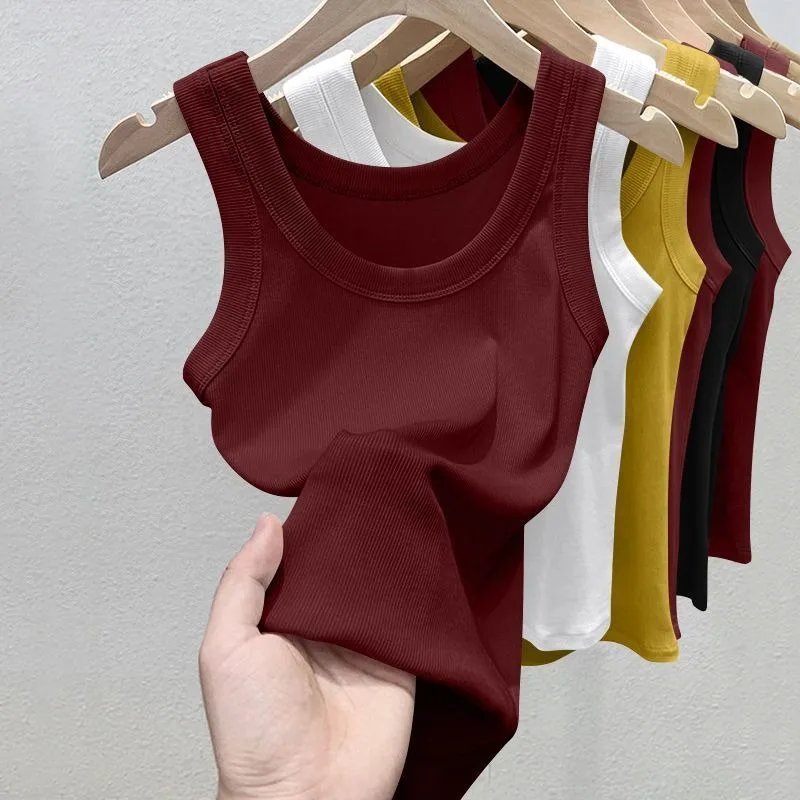 Damen Einfarbiges Geripptes Top mit Rundhalsausschnitt Sommer Basic Elastisches Spaghetti-Träger-Top Leichtes Kühles Basis-Shirt Ärmellose Weste
