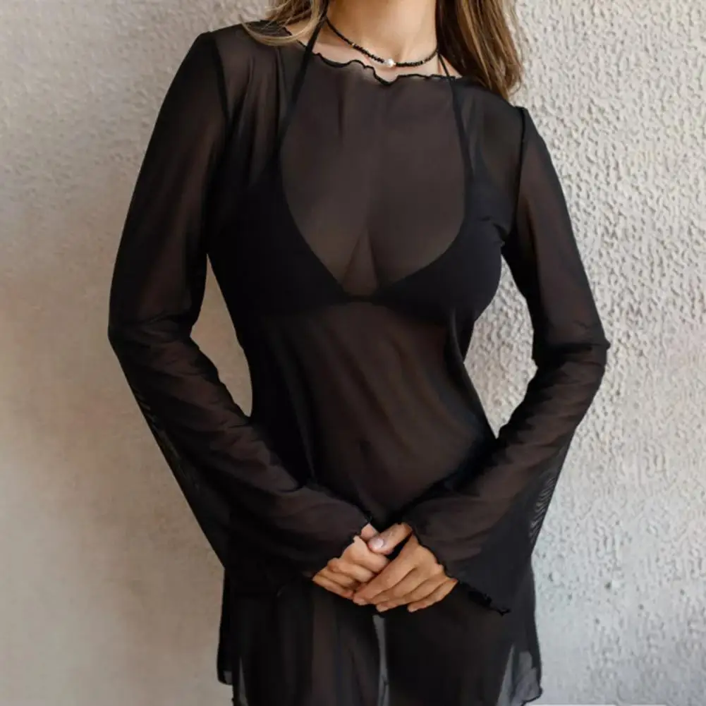 Abito dal taglio ampio Costume da bagno da donna in rete trasparente Copricostume da spiaggia con maniche lunghe a campana Abito da vacanza estivo per bikini a bordo piscina