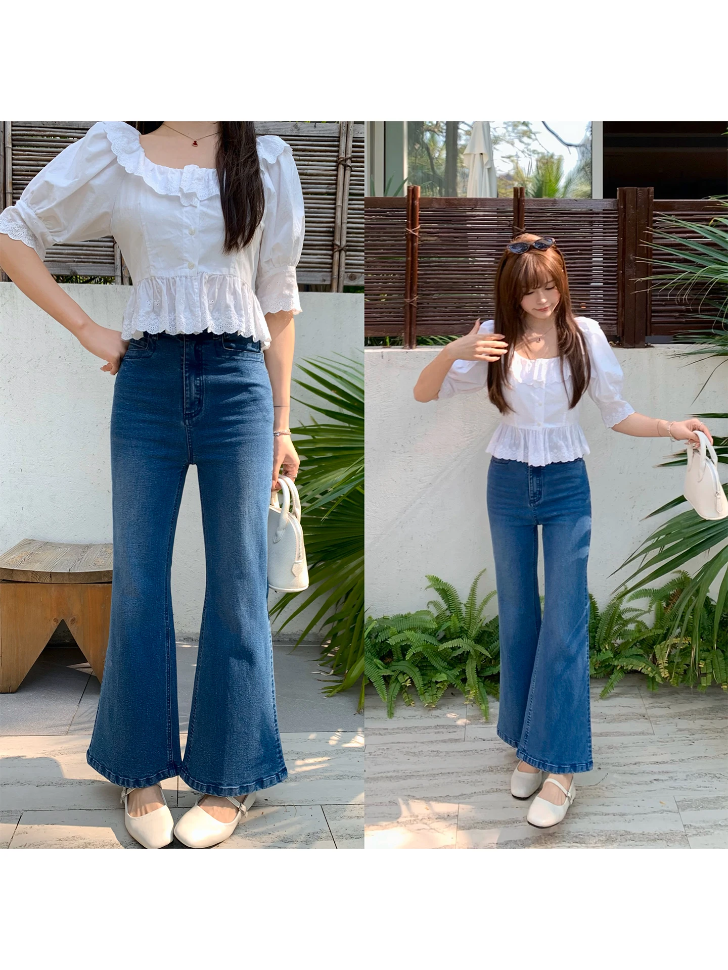 

Slimming High Waist Nine-Tenths Jeans for Short Women Spring Fashion Cotton Micro Flared Pants Ladies Premium Denim
