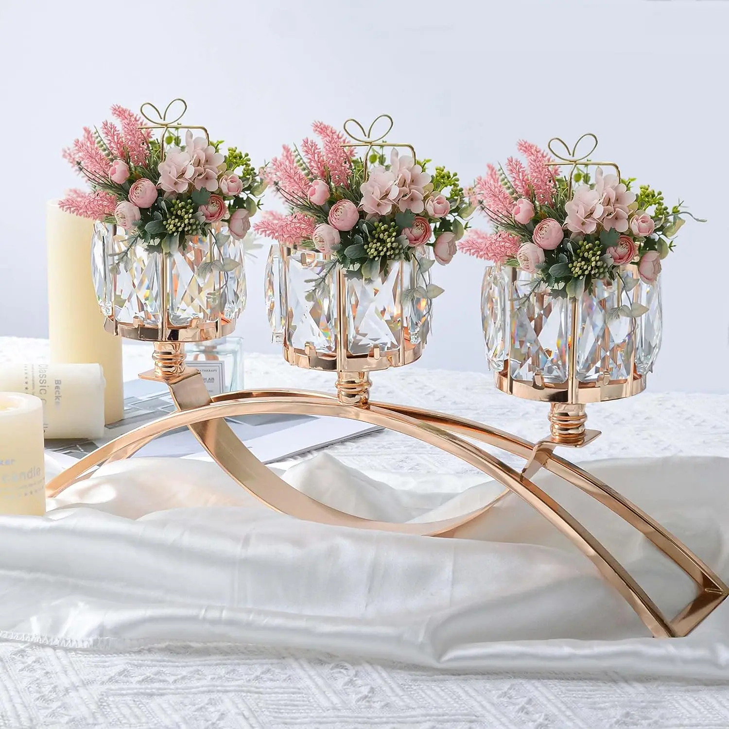 3 Arms Candelabras Crystal Arch Bridge Goblet Candle Holders Bowl Tealight Candlesticks Romantic Ornament for Home Wedding Decor