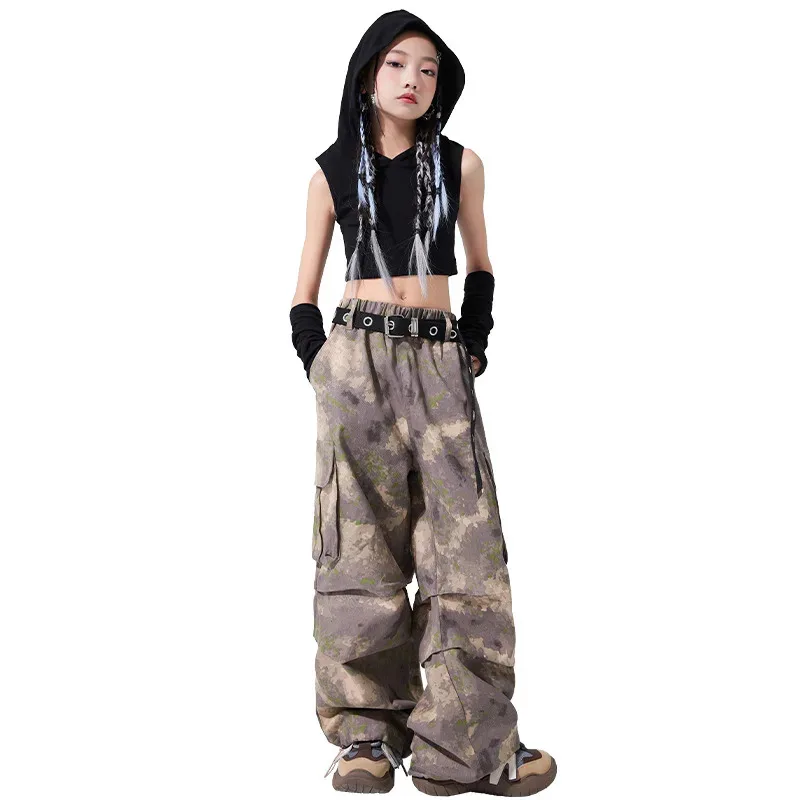 

Kid Hip Hop Clothing Gray Distressed Hoodie Tank Crop Top Coffee Strap Cargo Pants Skirt for Girl Boy Jazz Dance Costume Clothes