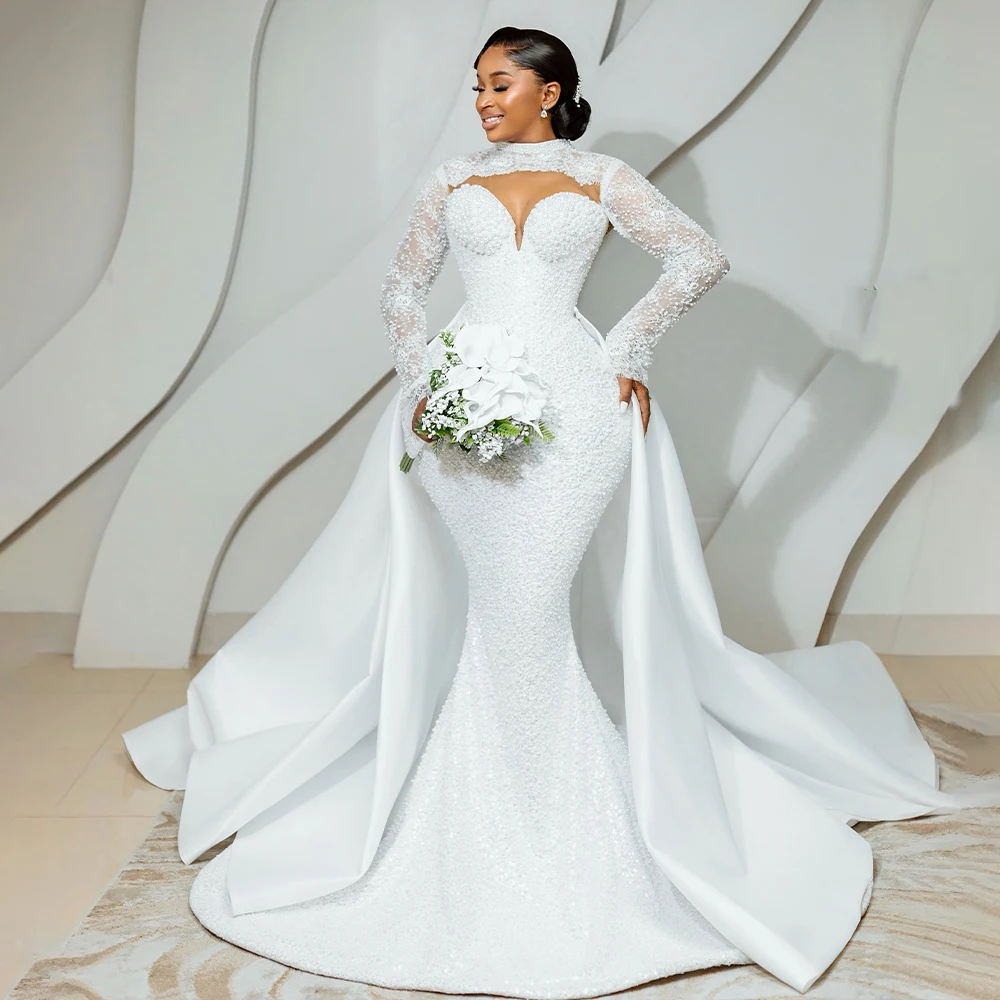 Mermaid Wedding Dresses Long Sleeve Luxury 2 In1 Bride Dress Detachable Train High Neck African Lace Bridal Gowns Customized