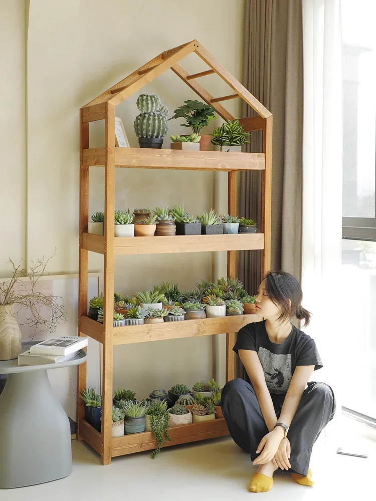 Solid wood flower stand, storage shelf, balcony plant placement shelf, floor-standing bookcase, living room storage shelf