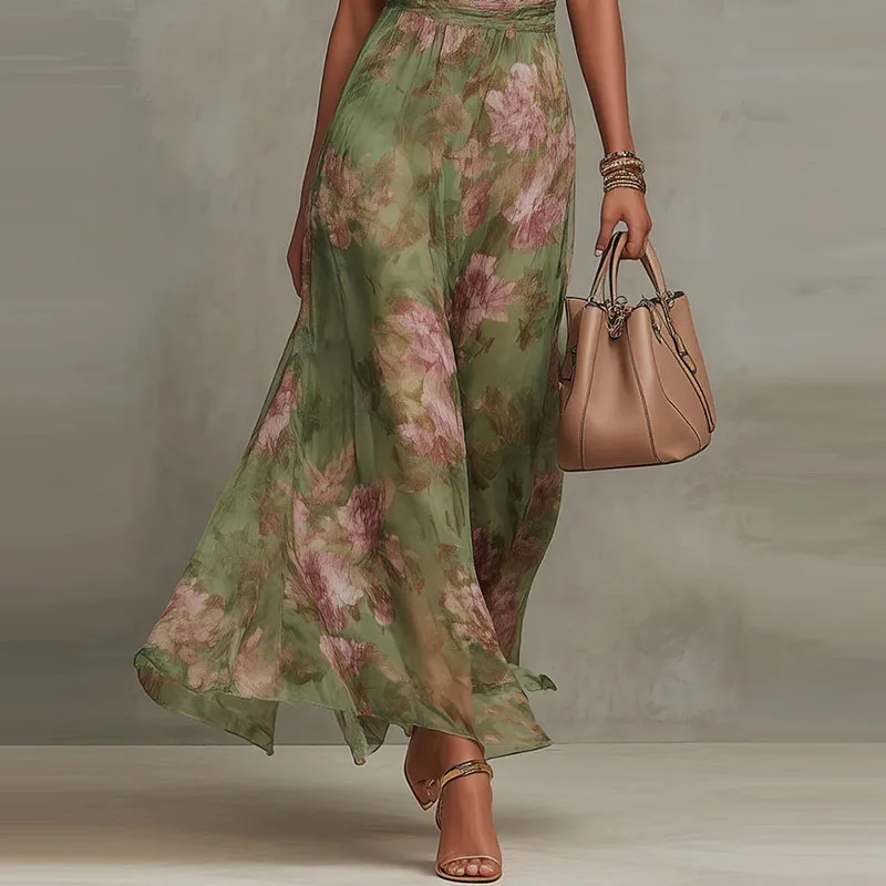 Elegant Halter Off Shoulder Hollow Party Dresses Woman Spring Floral Print Chiffon Long Dress Boho Sleeveless Summer Beach Dress - Image 6