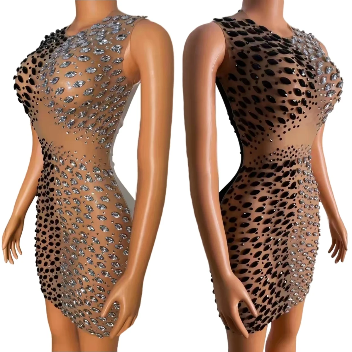 

Women Nude Sheer Mesh Mini Dress Black Silver Sparkly Rhinestone Crystal Party Event Dress Club Stage Performance Costume Kuyila