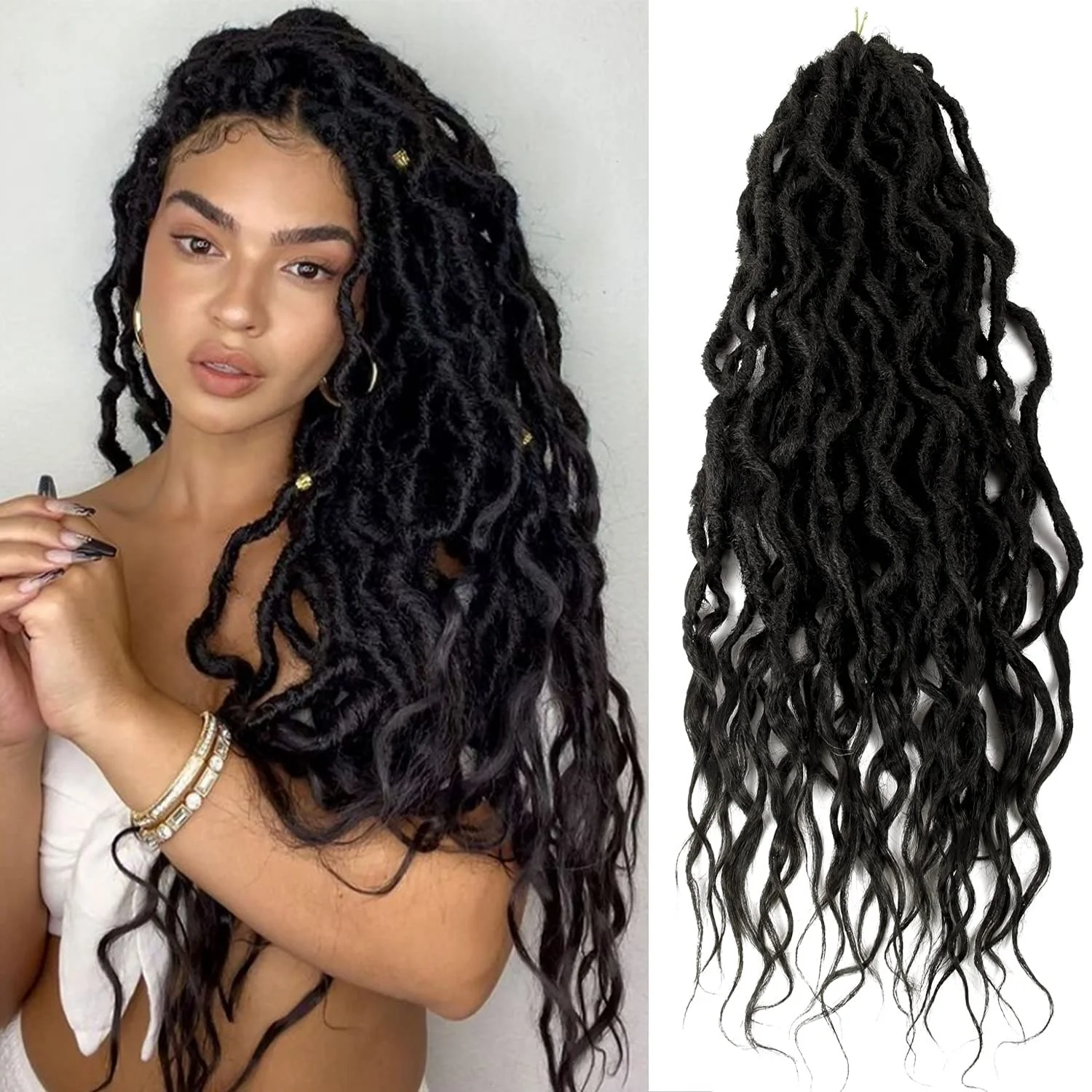 Neue Göttin locs wellige Faux Locs häkeln Haare mit losen gewellten Enden vor geschlungene synthetische Zöpfe Verlängerungen lange Dreadlocks