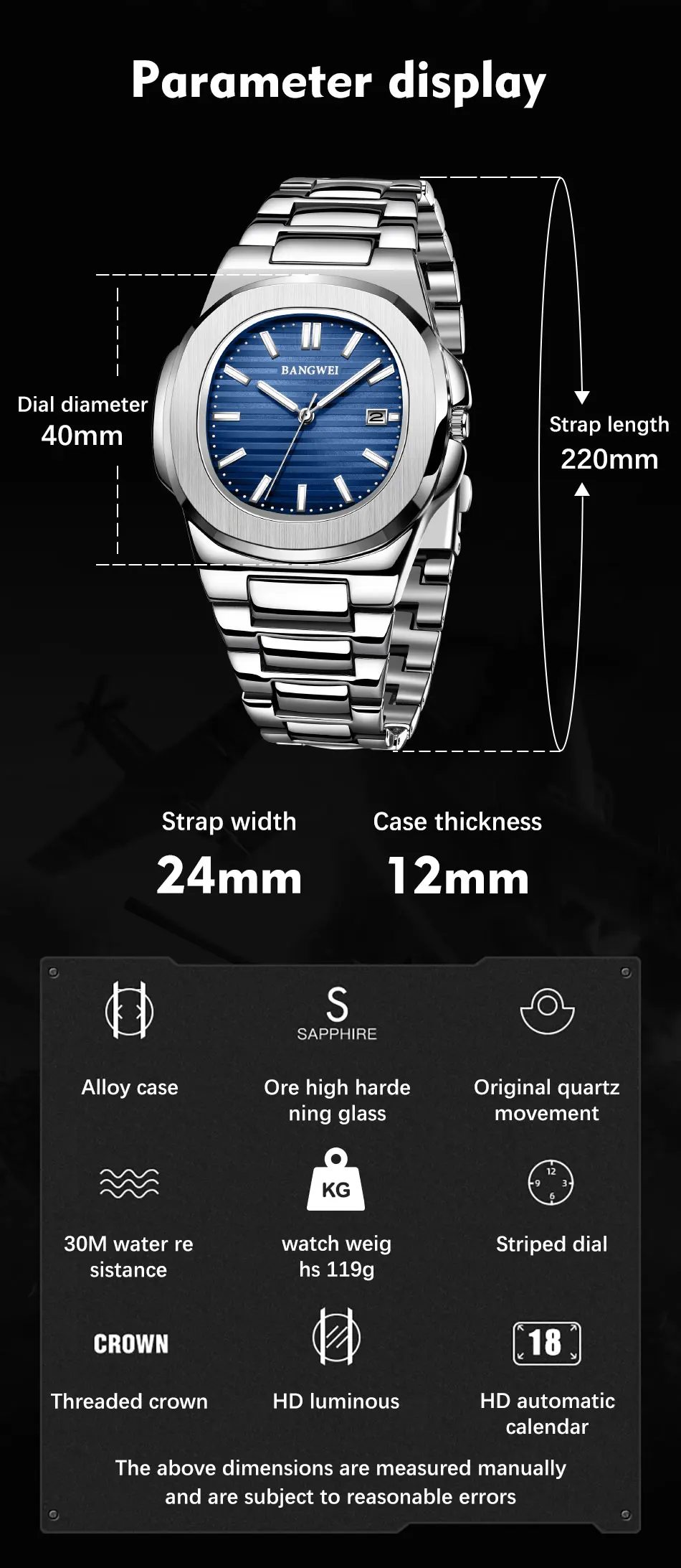 BANGWEI Modische Quadratische Quarz-Herrenuhr Wasserdicht Leuchtend mit Datumsanzeige Edelstahl-Uhren für Männer Luxuriöse Business-Herrenarmbanduhr – Detail 5