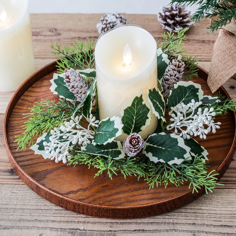 1PC Christmas Candlestick Wreath Artificial Berry Pinecone Garland Candle Holder Xmas Table Decor Candle Ring New Year Decor