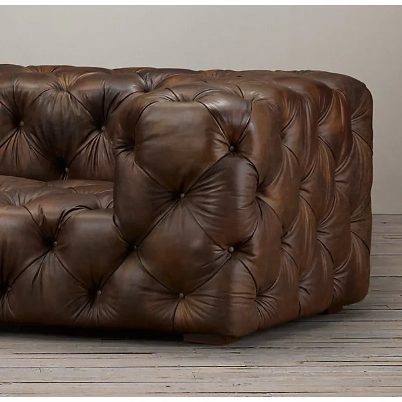 Divano in pelle a olio cerata con pulsante di tiro per mobili in legno massello retrò rurale francese moderno italiano di lusso leggero