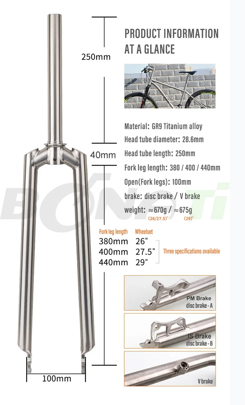 Gr9 Alloy MTB Mountain Bike Titanium Bicycle Fork with IS/PM Disc Brake V Brake