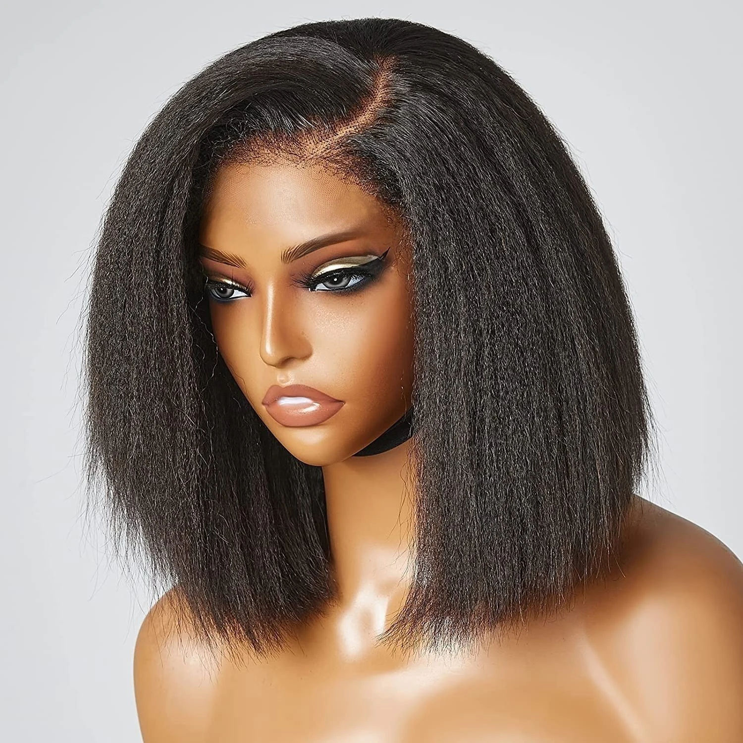 

Glueless Short Bob Yaki 16Inch Natural Black Kinky Straight Lace Front Wig For Women With Baby Hair Synthetic Preplucked Daily