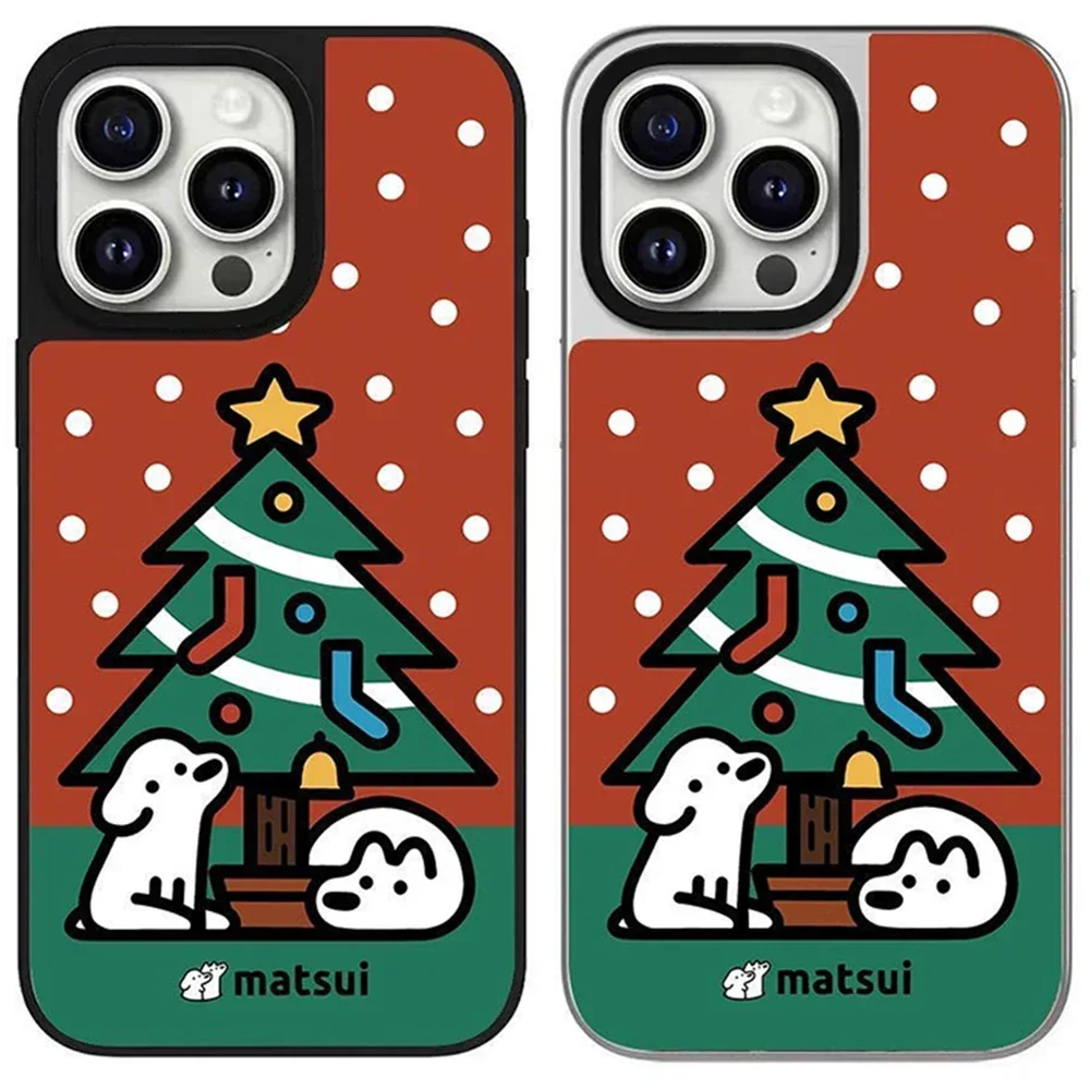 

Dog Friend Christmas Tree Silver Black Border Mirror Magnetic Phone Case Cover for IPhone 12 13 14 15 16 Pro Max Case