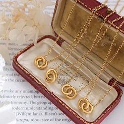 Women Girls Trendy Gold Color Solid Metal Interlocked Circle Necklaces, Minimalist Stainless Steel Collar Simple Pendant Jewelry