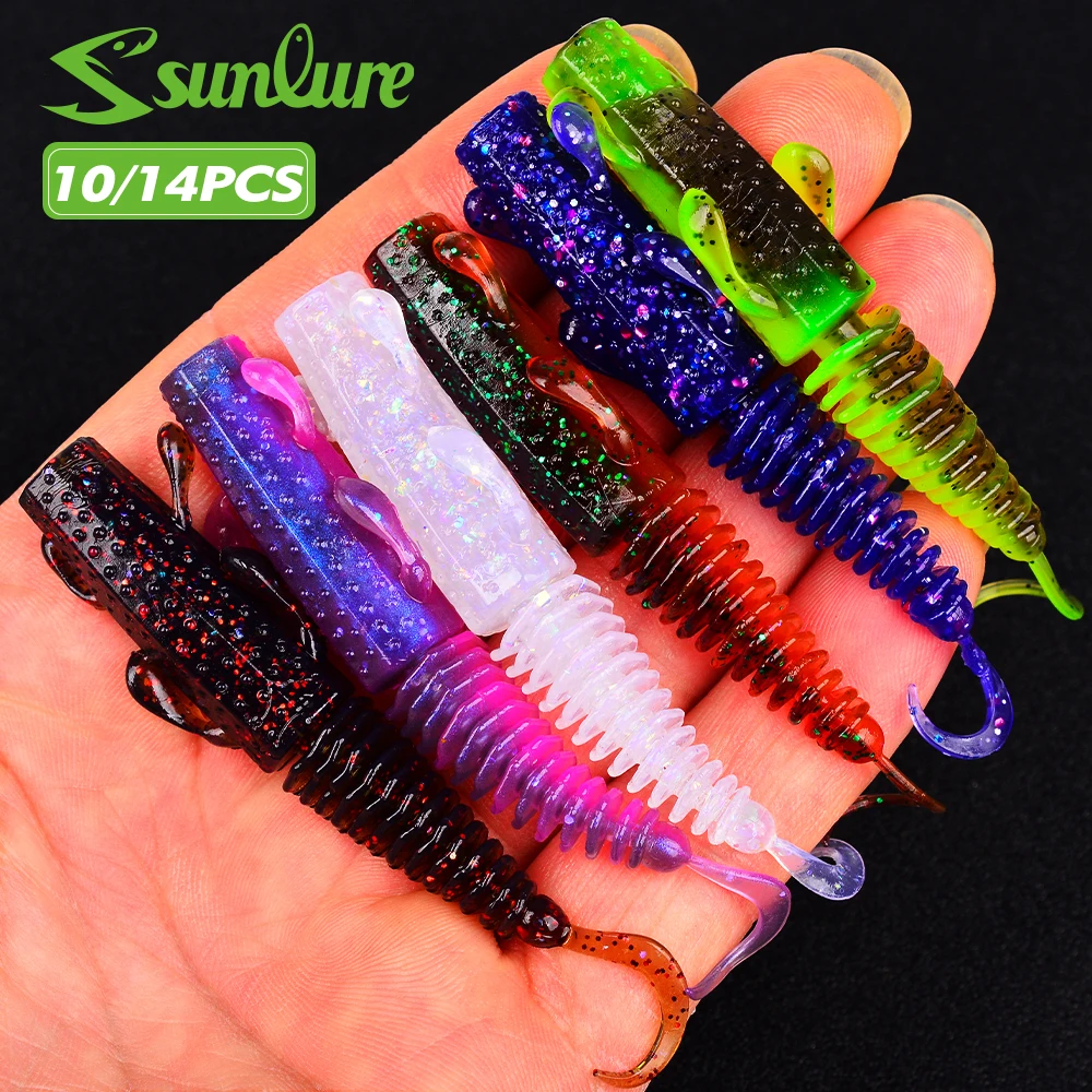 

Sunlure Worm Lures 10/14Pcs Mini Lure Soft Silicone Bait Artificial Larva Rubber Baits Wobblers Bass Fishing Lure Swimbait Set