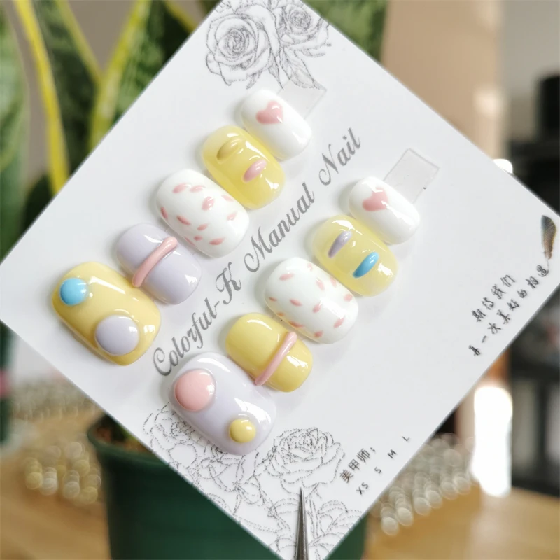 10Pcs Handmade Fake Nails Press on Nails Kawaii Candy Design Artificial Manicure Pretty False Nails Wearable Nail Set Full Cover