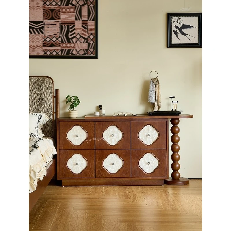 

French retro solid wood makeup table, bedroom American medieval style, bedside storage chest integrated