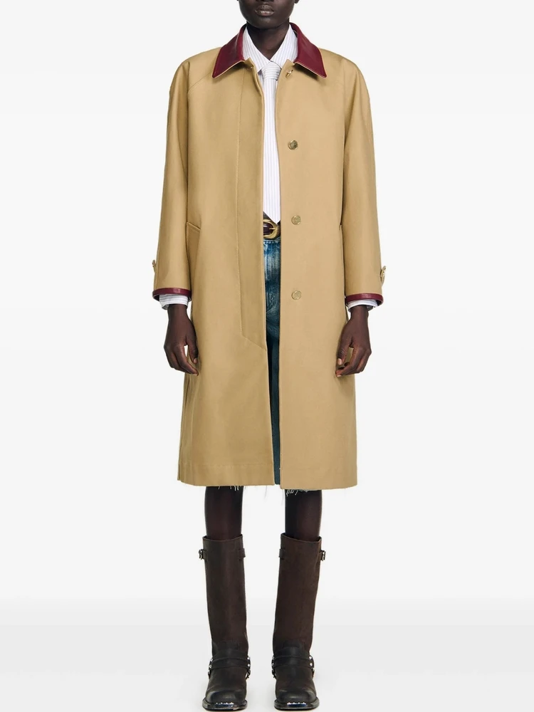 

S Home 2025 Осенне-зимняя новинка: Длинное кожаное пальто-ветровка с воротником и цветными вставками для женщин