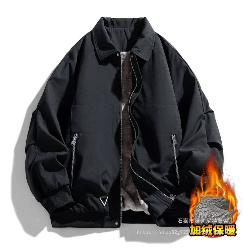 

Large Size Winter Velvet Thickened Tooling Casual Jacket Trendy Windproof Lapel Solid Color Warm Jacket Men's Jacket