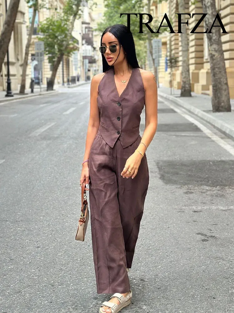 TRAFZA 2024 Summer Women Fashion Trouser Suits Flax Backless Halter Neck Camis Top + Chic Elegant Female Wide Leg Long Pant