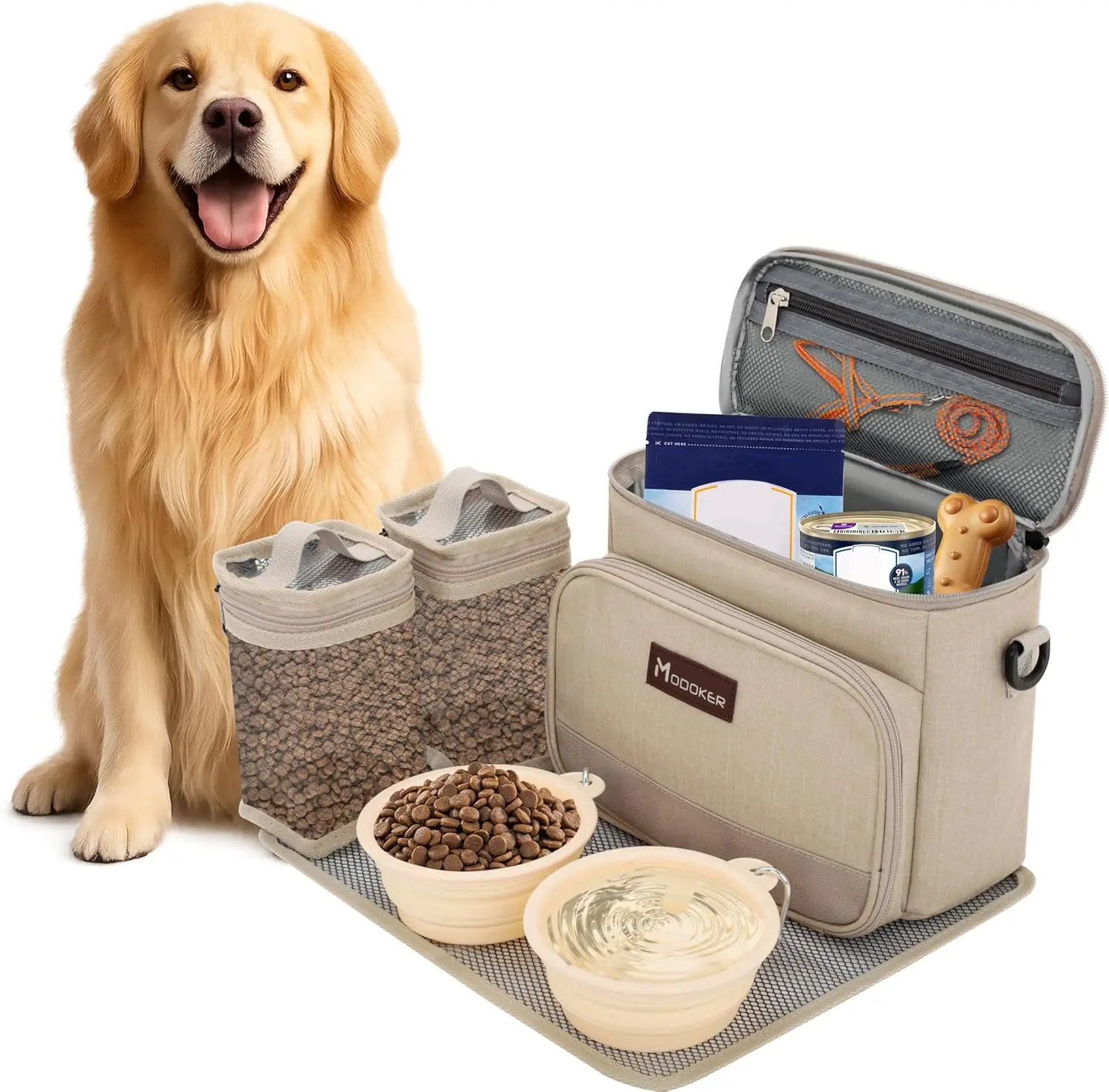 

Сумка-органайзер для путешествий с собакой, с 2 контейнерами для корма, 2 складными мисками и ковриком для кормления, одобренная авиакомпаниями.