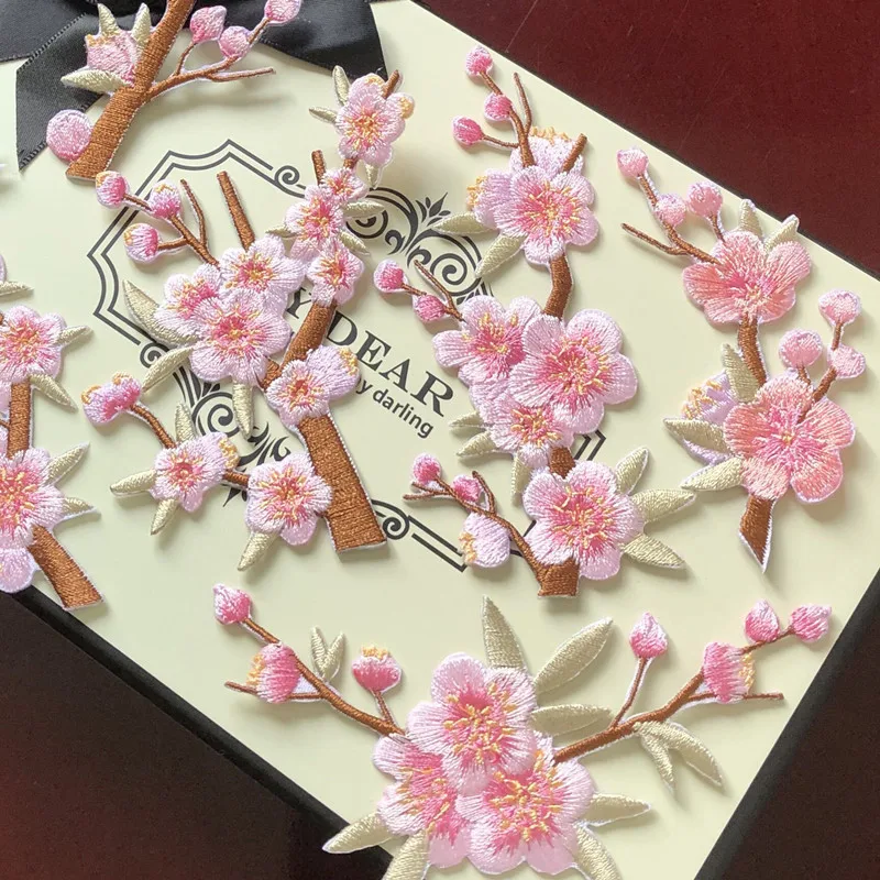 1 Piece Iron on Embroidery Plum Blossom Branch Stickers DIY Fan Jewellery Box Bag Garment Patch Decoration Adhesive Backing