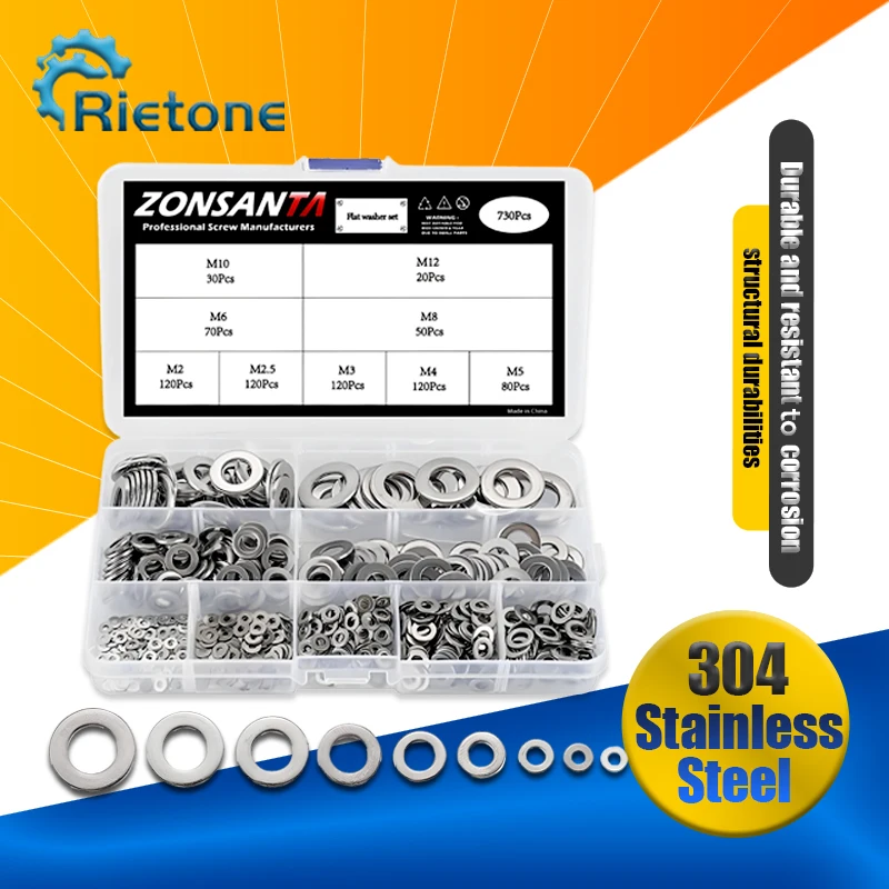 

550/730 шт. Набор плоских шайб из нержавеющей стали, уплотнительное твердое кольцо, комплект прокладок M2 M2.5 M3 M4 M5 M6 M8 M10 M12, ассортиментный комплект