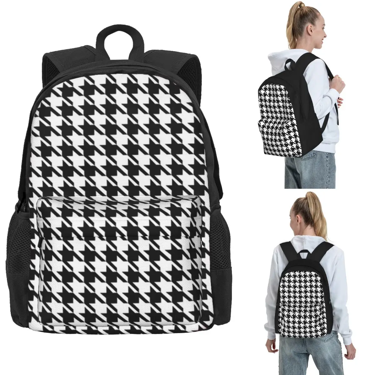 

B And W Houndstooth Backpack Hot Sale Daypack Large Capacity Kids BookBag School Bag Shoulder Bags for Men Women