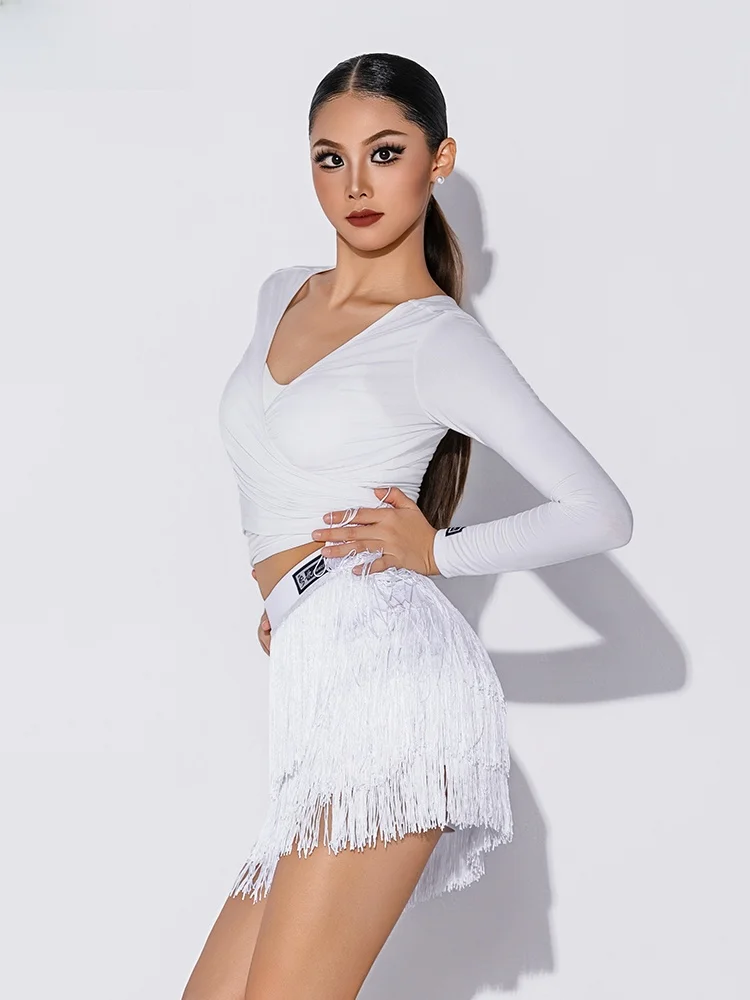 Traje de Baile Latino Royal Dance, Falda con Borlas Delantera y Trasera, Pantalones, Cuello en V, Manga Larga, Falda Línea A ...