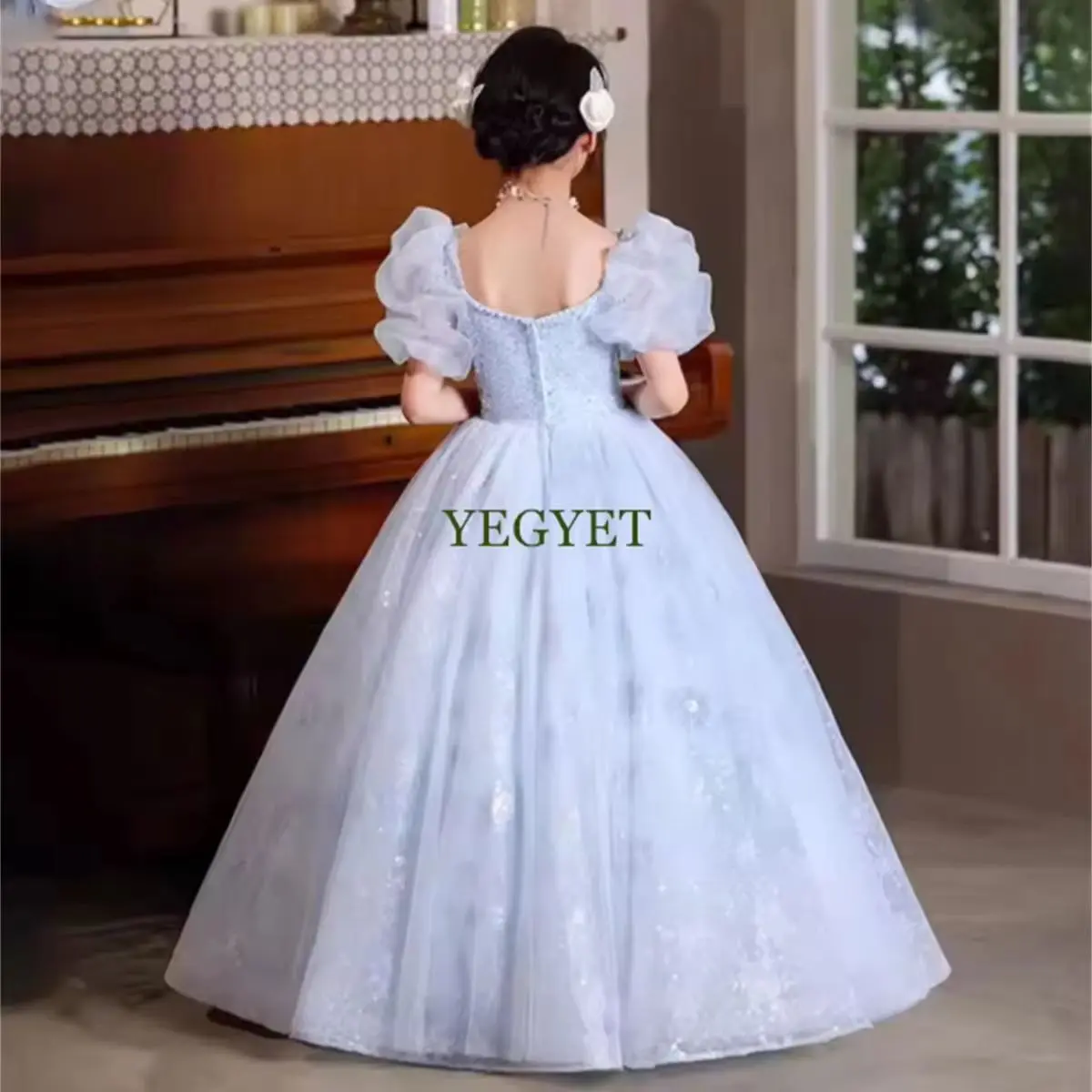 

Customized Luxury Sequines Blue Girl Dress V-Neck Lace for Princess Kids Birthday Wedding Party Pageant Holiday Long Gown
