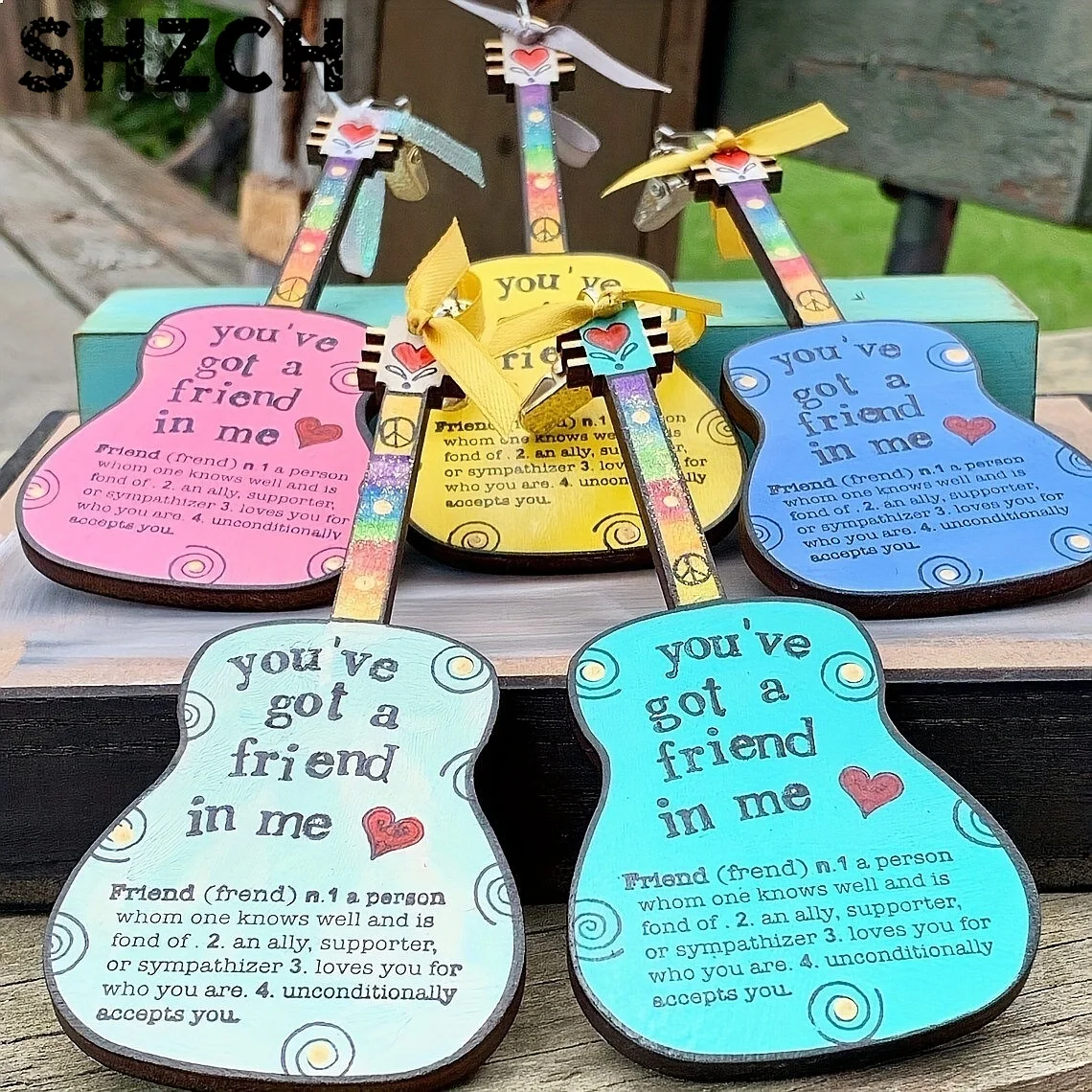 Creative Wooden Guitar Pendant Friendship Gift for Home Garden Outdoor Decoration