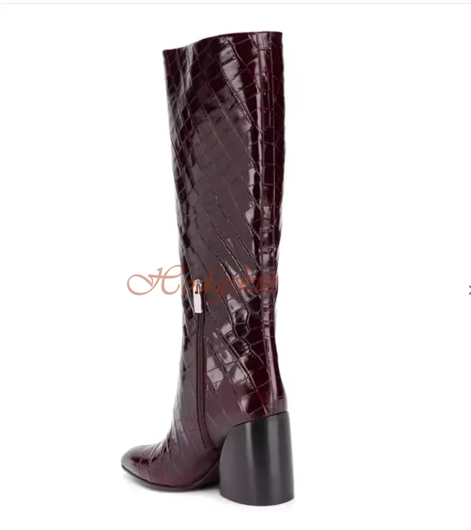 Weave Chunky High Heels Boots Pointy Toe Solid Stone Pattern Boots Knee High Winter Party Side Zipper Women Shoes Designer New