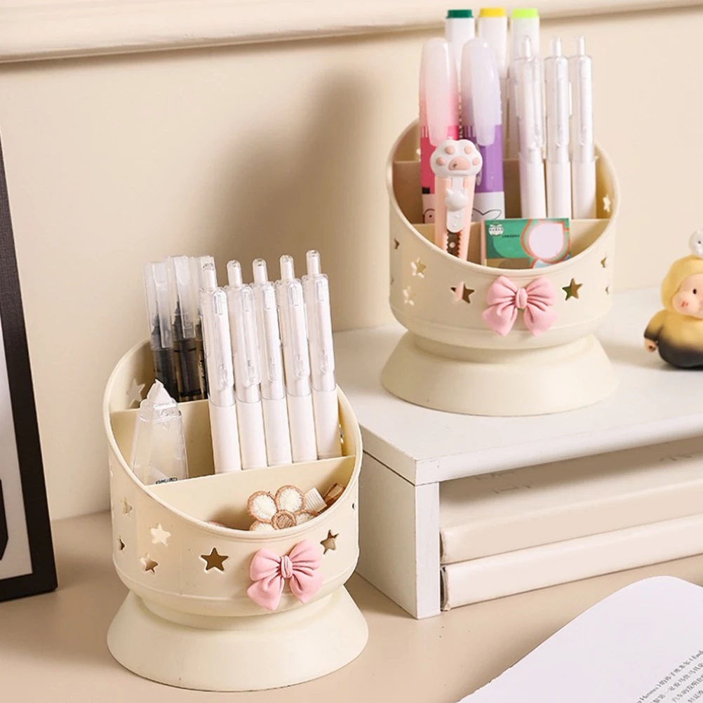 

2pcs Cream Bow Makeup Brush Storage Box Desktop ganizer for Lipstick Comb Eyebrow Pencil Eyeshadow Home Office Vanity Bathroom