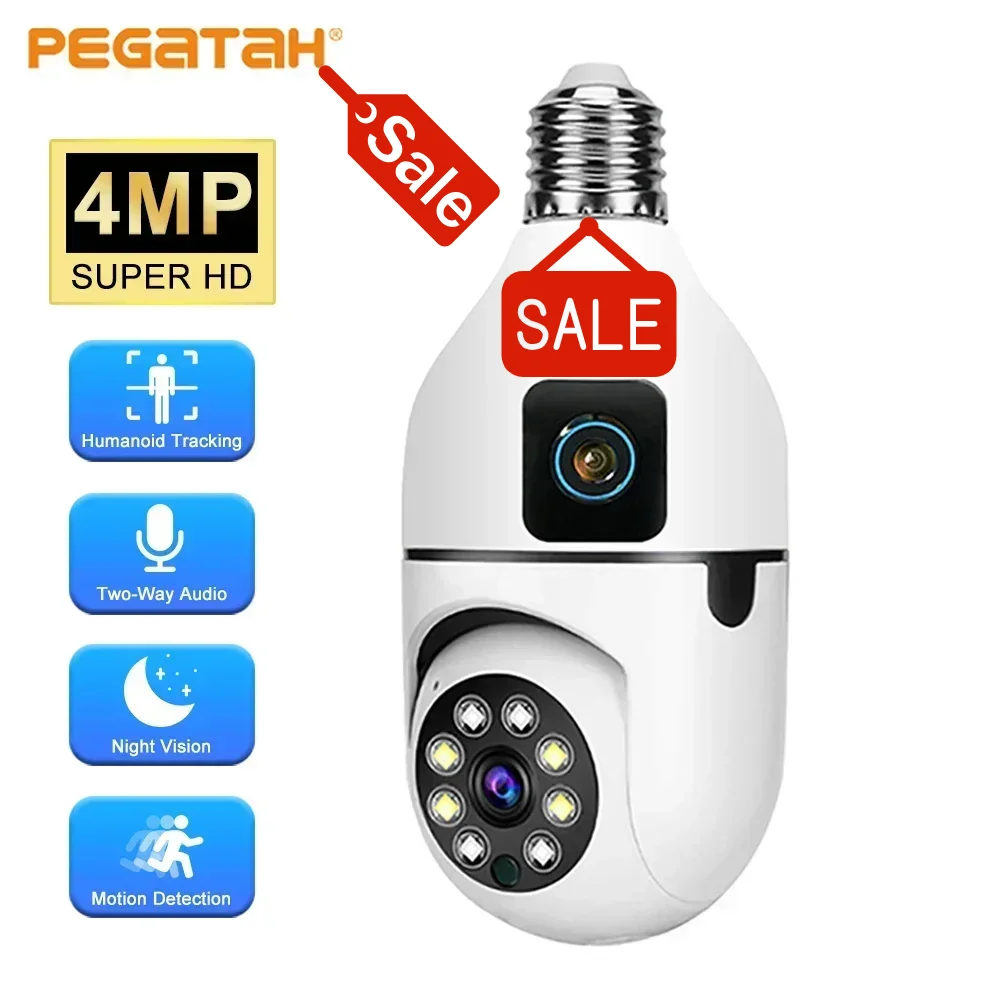 

PEGATAH 4MP WIFI Bulb Cam Wireless Baby Monitor Dual Lens Color Night Vision Two-Way Audio Indoor Video Surveillance CCTV Camera