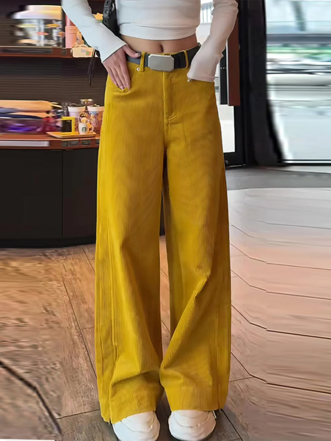 

Желтые вельветовые широкие брюки Lazy Sle, женские осенние повседневные брюки, уменьшающие возраст, брюки-ножи