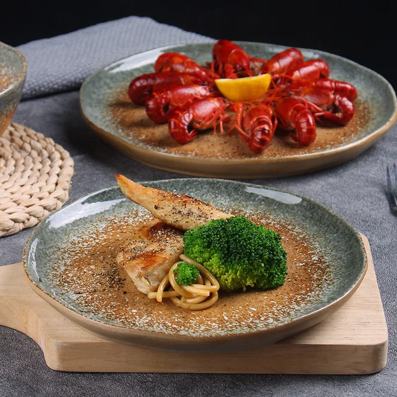 1PC Wave Edge Ceramic Plate Retro Chinese Style Home High-end Feeling Round Bowl Underglaze Color Craft Tableware Set