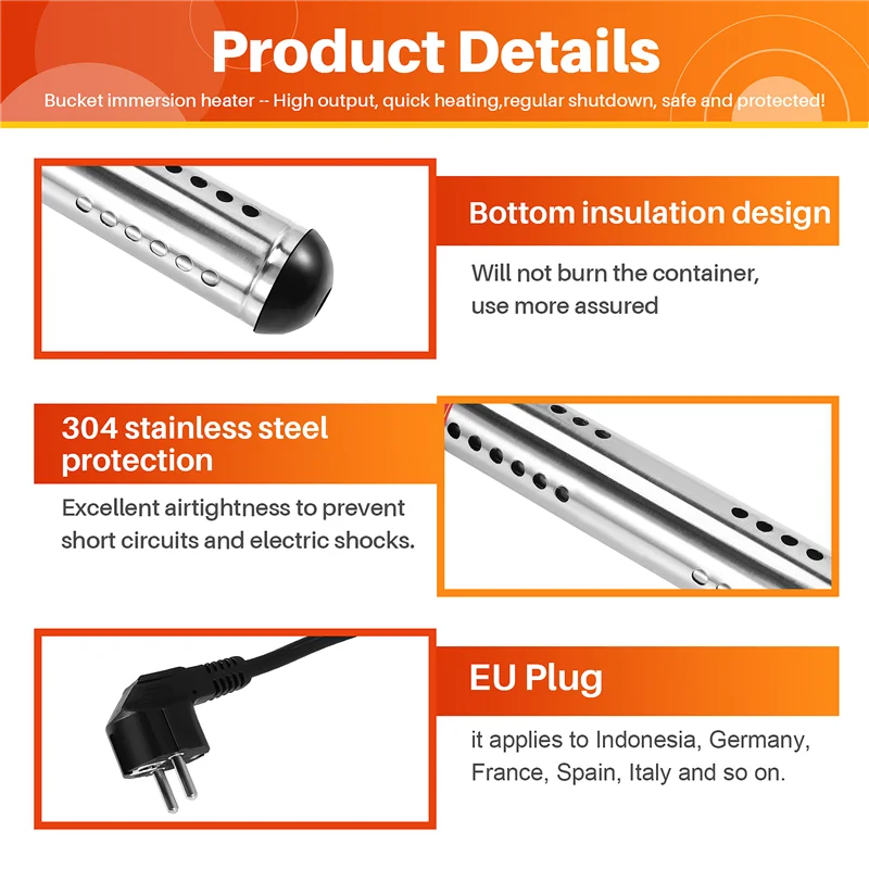 Aquecedor de imersão MAKE-2500W, temporizador automático do aquecedor da piscina, aquecedor seguro da imersão do aquecimento da piscina, perfeito para a tomada da ue doméstica