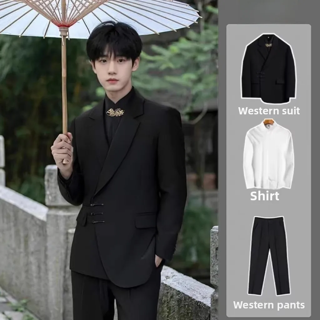 

New Chinese Style Men's Suit Wedding Dress Code Button Decoration Pure Polyester Fiber Casual Western Style Wedding Groomsmen