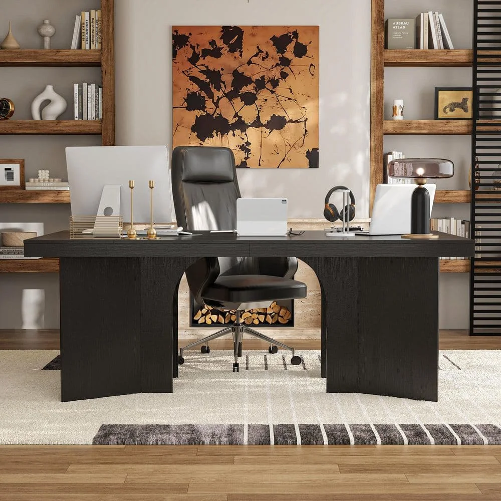 78.8 بوصة، مكتب كمبيوتر كبير مستطيل من الخشب الأسود بدون درج، مكتب كتابة مع أرجل سميكة على شكل فراشة لسطح المكتب