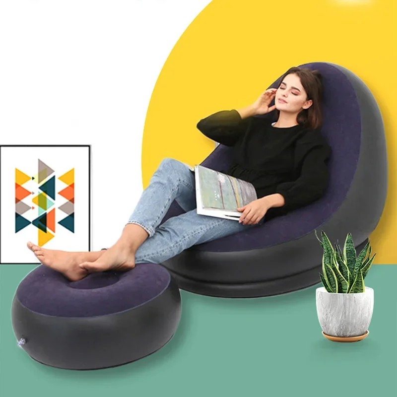 

1pc Blue Inflatable Sofa with Footstool Lazy Sofa PVC Flocking Surface Sofa Chair Lounge Chair Desk Chair