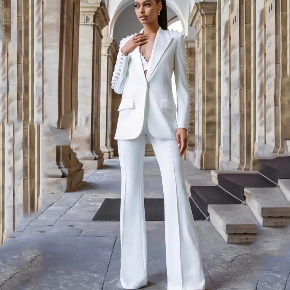 

Pearls White Women Suits Pants Set 2 Pieces Jacket+Flare Spring Office Lady Formal Work Wear Coat One Button Blazer Prom Dress