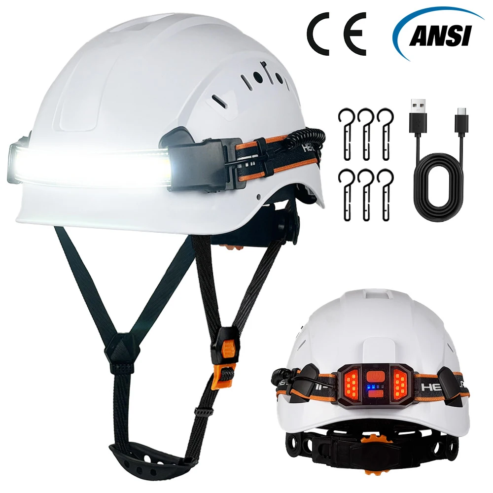 ce安全ヘルメット、新型ledヘッドライトストリップと警告テールライト付き、abs軽量ハードハット、建設、交通、夜間作業用