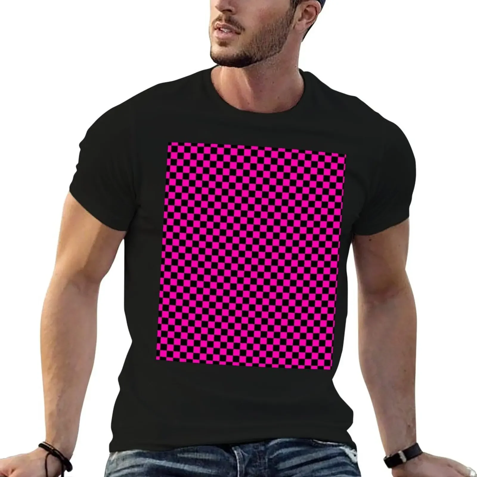 

Bright Hot Neon Pink and Black Racing Car Check T-Shirt summer clothes Short sleeve tee for a boy man clothes tee shirts for men