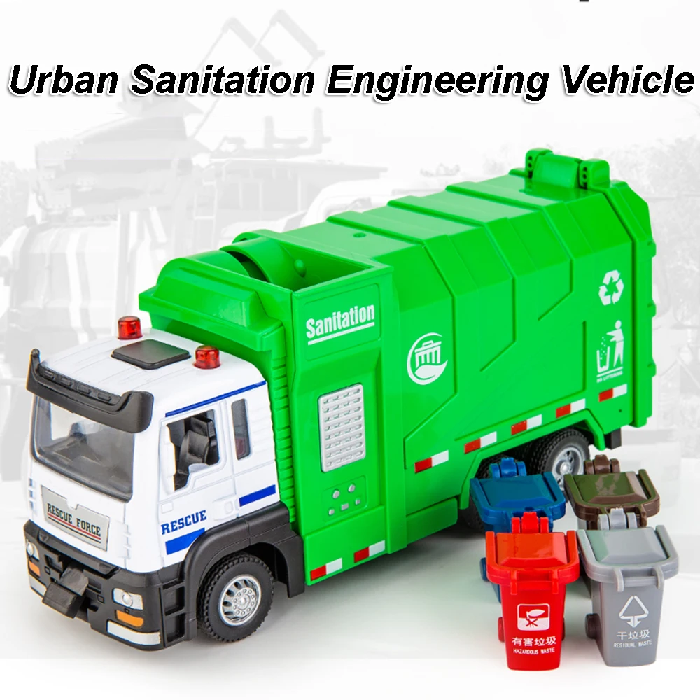 

1:50 санитарный мусоровоз, модель игрушки, металлические литые под давлением инженерные транспортные средства, звуковой свет, двери с открытым отверстием для мальчиков, подарки