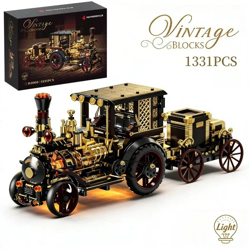 

1331PCS Creative Retro Mechanical Steam Car Building Blocks With LED Light Desktop Ornament Construction Bricks Toy Gift