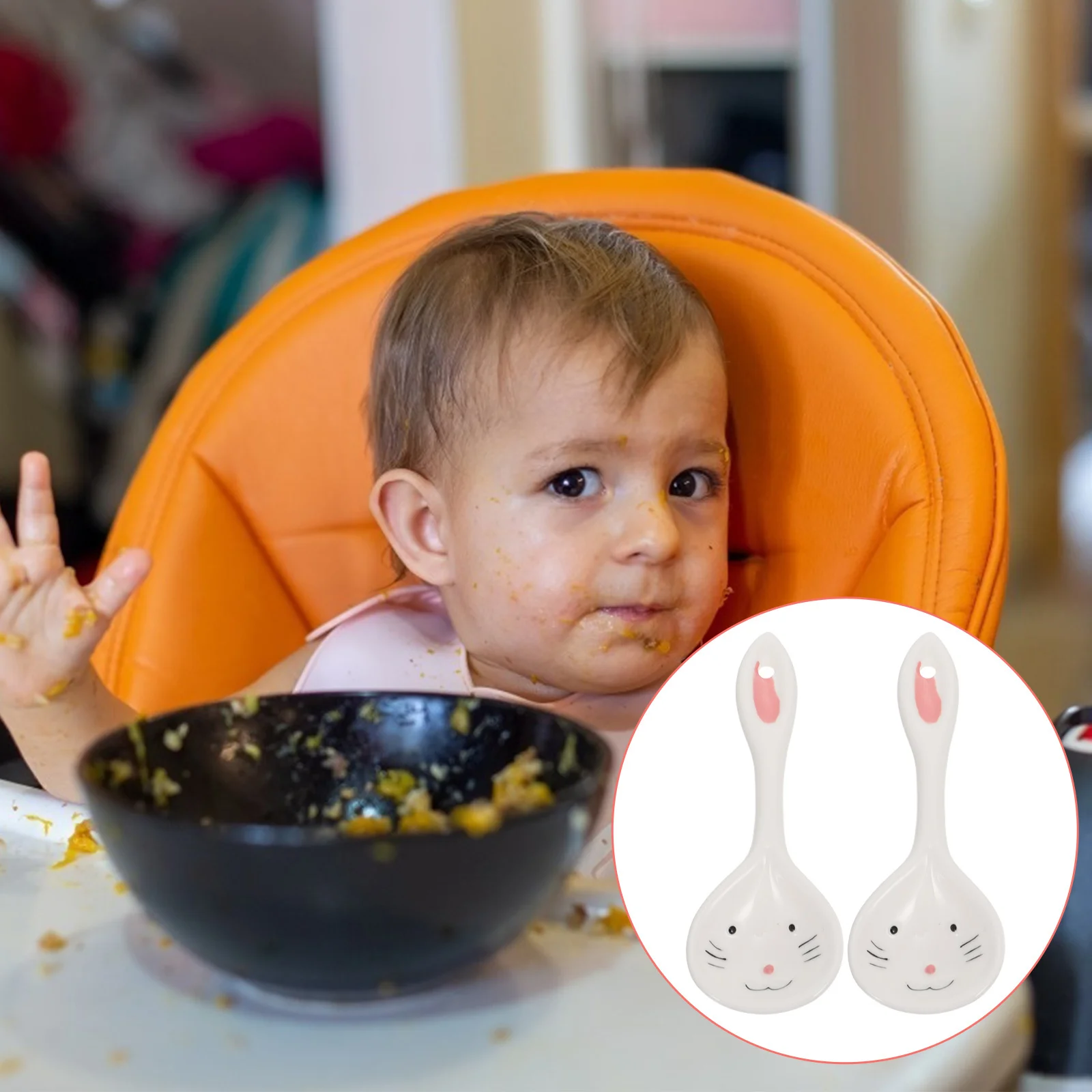 

2 шт. детские ложки с милым кроликом, керамическая детская посуда, гладкая, легко чистится, безопасная, закругленная кромка, детские столовые приборы, детские ложки